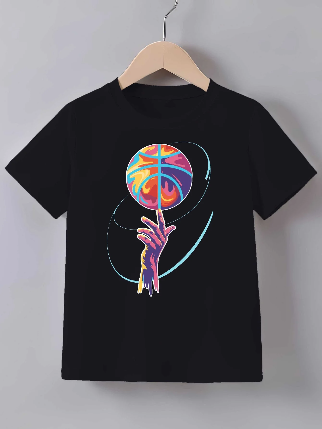 Kids Family Matching T Shirt Color Spin Basketball Cartoon Print Short Sleeve Cotton Tops For Boys Girls Daily Casual Outfit