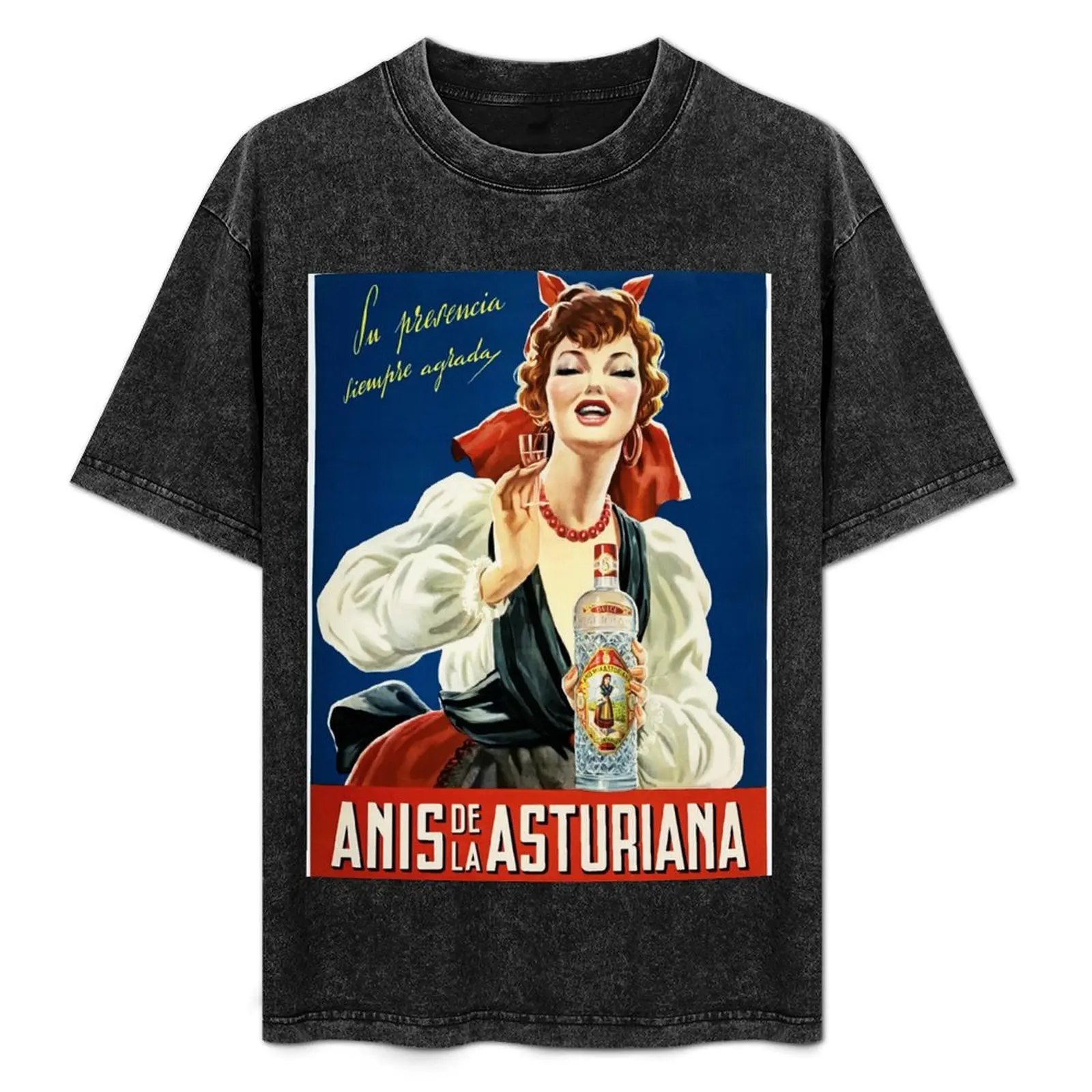Camiseta con Publicidad de la Licorera de Anís Español Anis De La Asturiana, Estilo Vintage, Ropa de Trabajo, Camiseta Sencilla