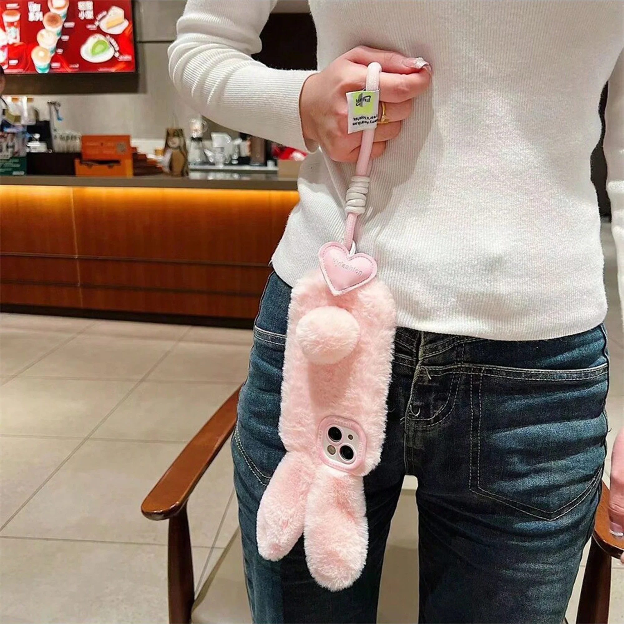 For IPhone 16 15 14 13 12 Pro Max Pink Long Ears Rabbit Plush Phone Case Fall Winter Cute Warm Phone Protective Jacket