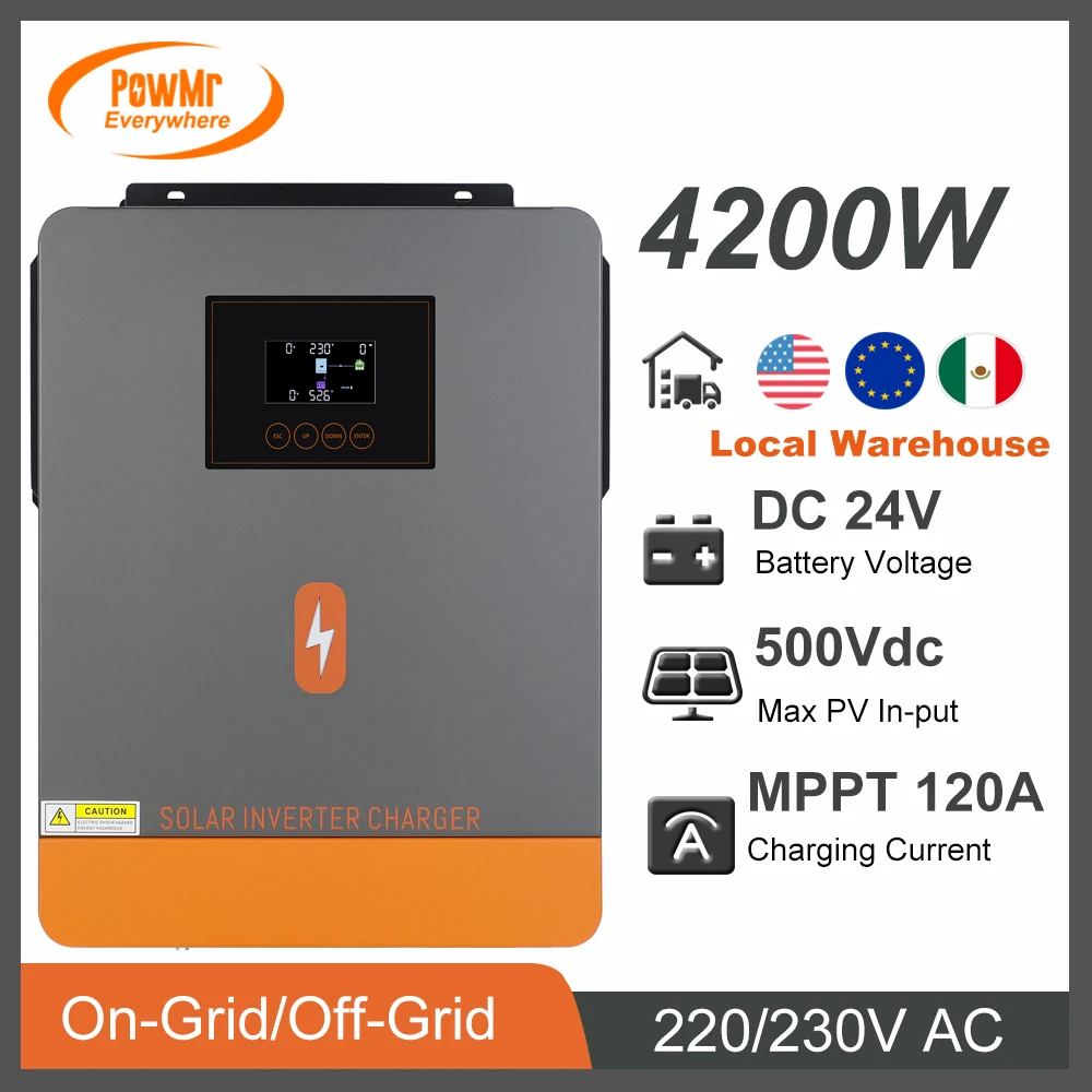 MPPT On-Grid/Off-Grid Hybrid Inverter 4200W 24V DC with 120A Solar Charger Controller 230V Out-put and Solar Panel Max PV 500VDC