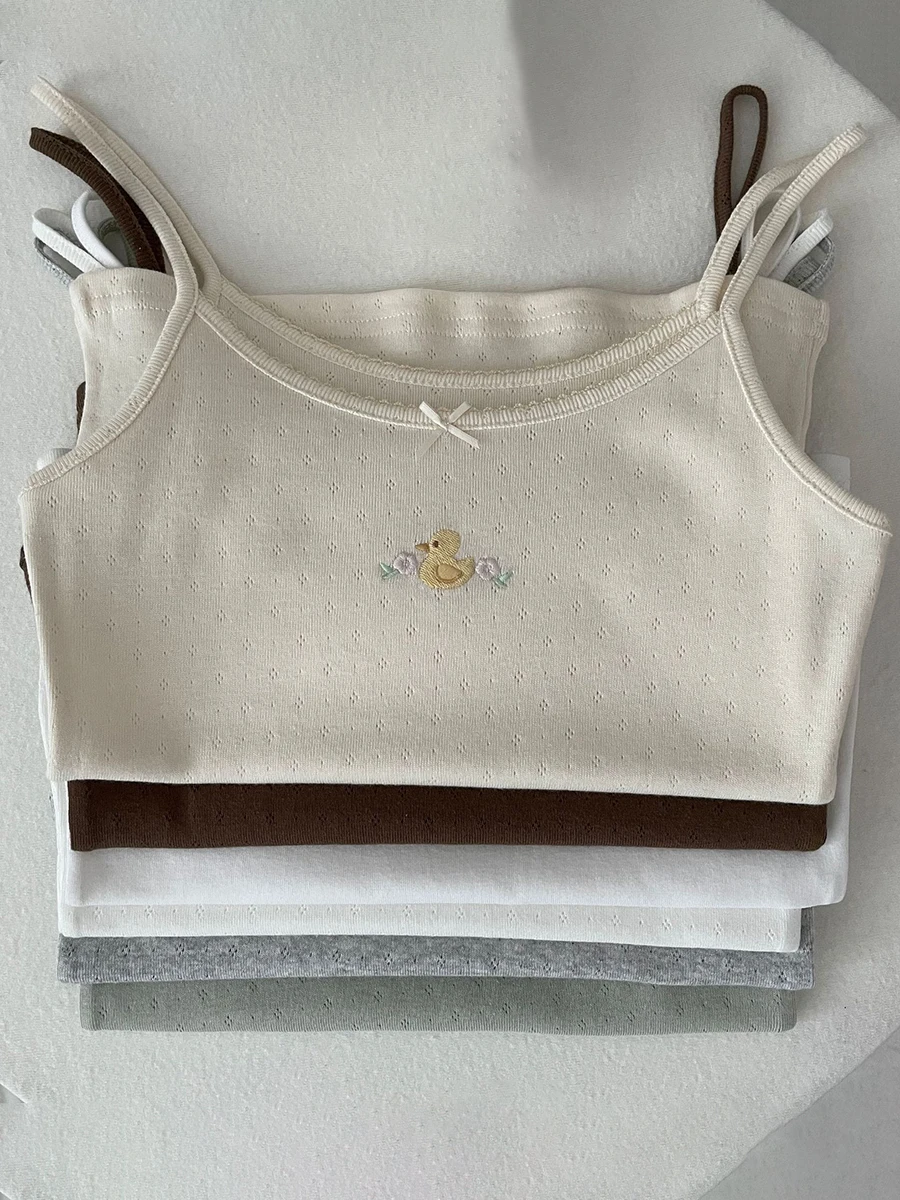 Little Duck Embroidery Cute Crop Top Summer Bow Cotton Sleeveless Slim Tank Tops Women Preppy Style Solid Sweet Camisole Y2k