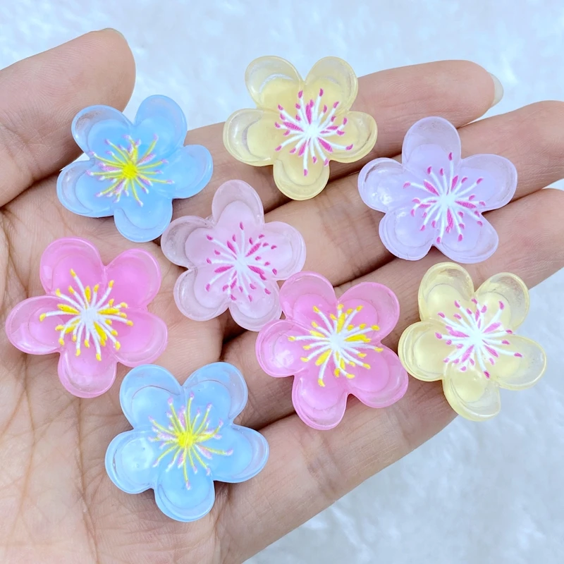 Figuras de resina pintadas Kawaii, flores de cerezo brillantes, piedra plana para álbum de recortes, 10 piezas, accesorios de decoración para manualidades