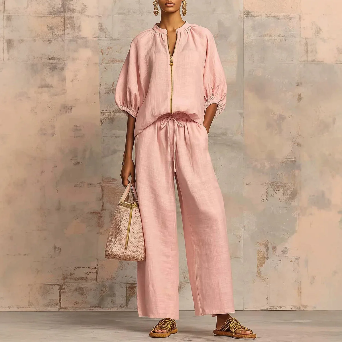 Cotton Linen Zip Shirt Wide Leg Pants Matching Set, Casual Blouse Top Jumpsuit Playsuit Sets for Spring Summer