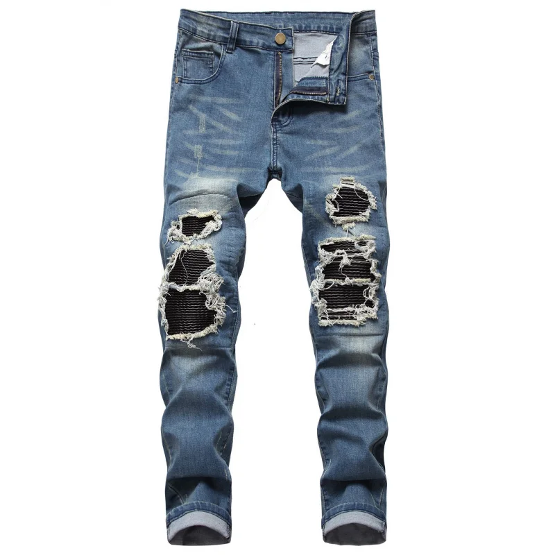 

High Street Ripped Black Skinny Jeans Men With Leather Patch And Stretch Men'S Long Pants
