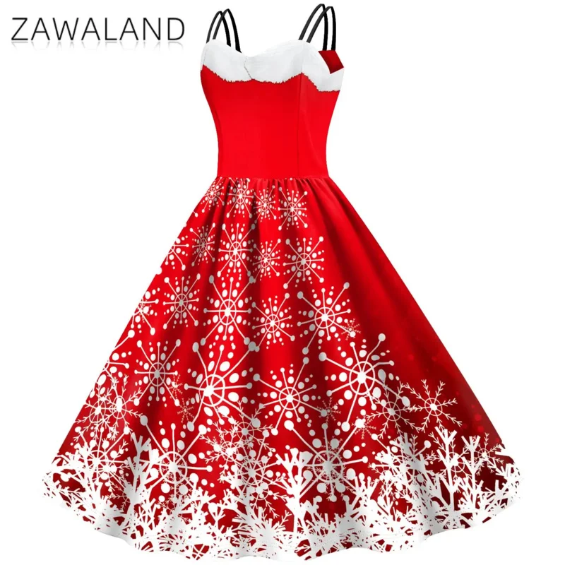 Vestido de mujer rojo Navidad vacaciones fiesta Slip vestidos copo de nieve alce estampado paños mujeres Sexy Cosplay OutFit vestido Rockable MS15185