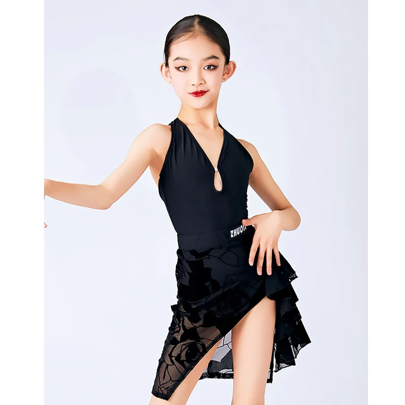 

Children Latin Dance Dress For Girls Rose Mesh Black Suit Practice Wear Rumba Cha Cha Dance Performance Costume Summer DNV19392