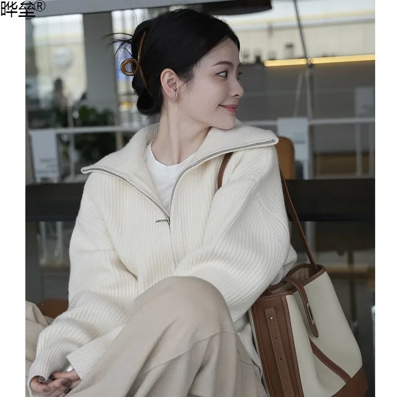 Autumn and Winter Warm Soft Sticky Design Double Zipper Wool Knitted Cardigan