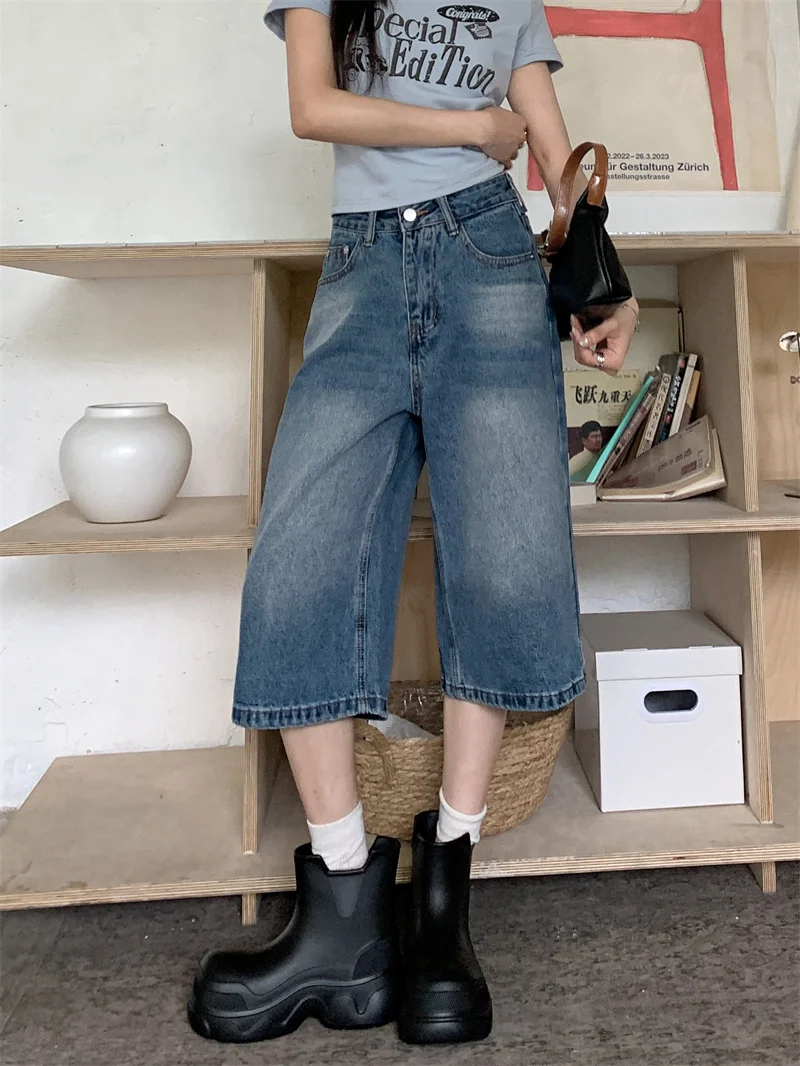 Women's Summer Washed Blue Denim Wide Leg Cropped Pants Vintage High Waist Loose Hide Hip Slim Versatile Tall Look