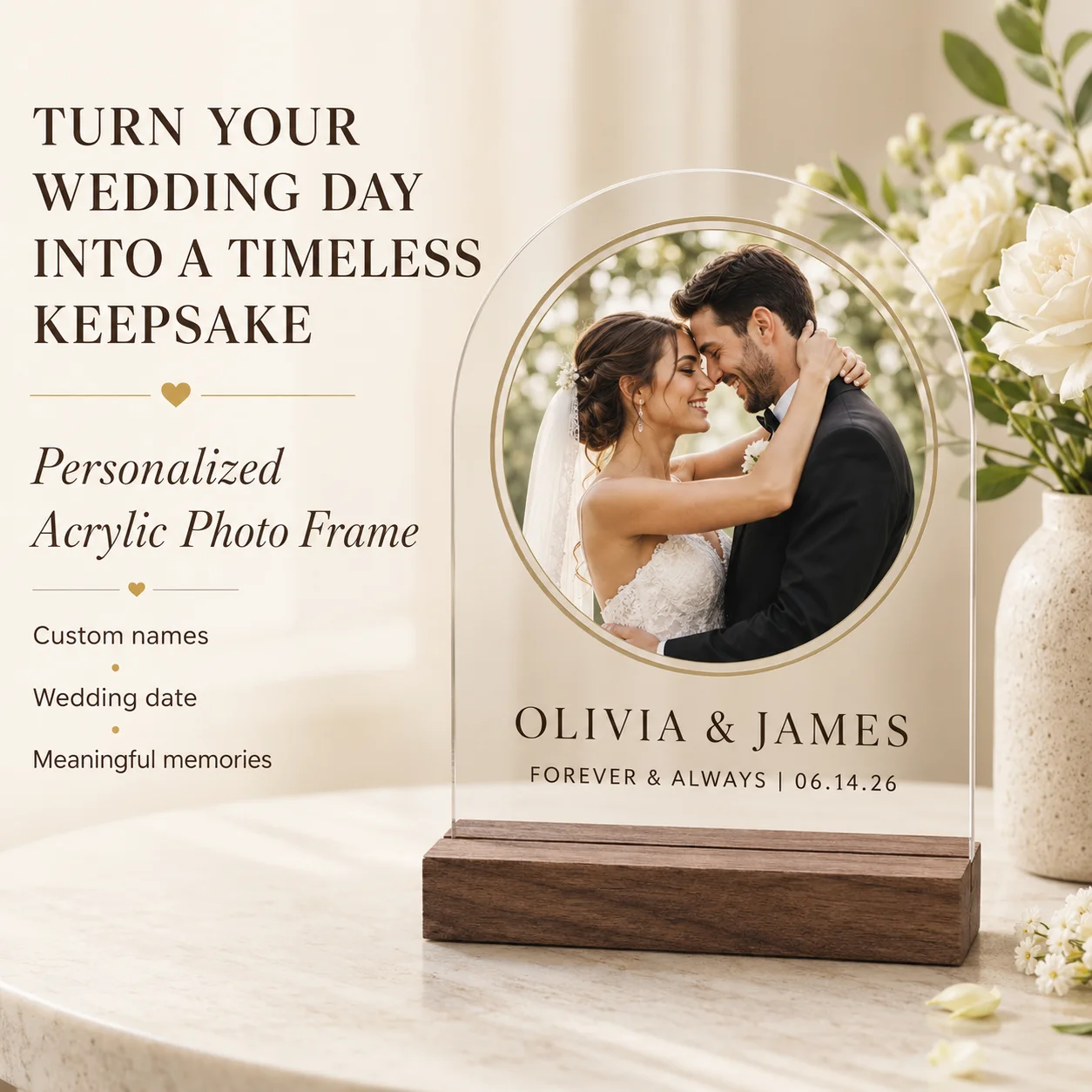Custom Acrylic Wedding Photo Frame Personalized Printed Picture Plaque With Wood Stand Sentimental Keepsake Gift For Bride Groom