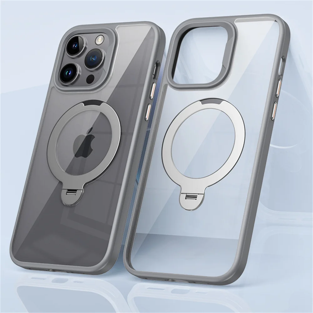 Rotating Folding Stand Clear Magnetic Phone Case For iPhone 12 13 14 15 16 Pro Max Swivel Holder TPU Bumper Acrylic Back Cover