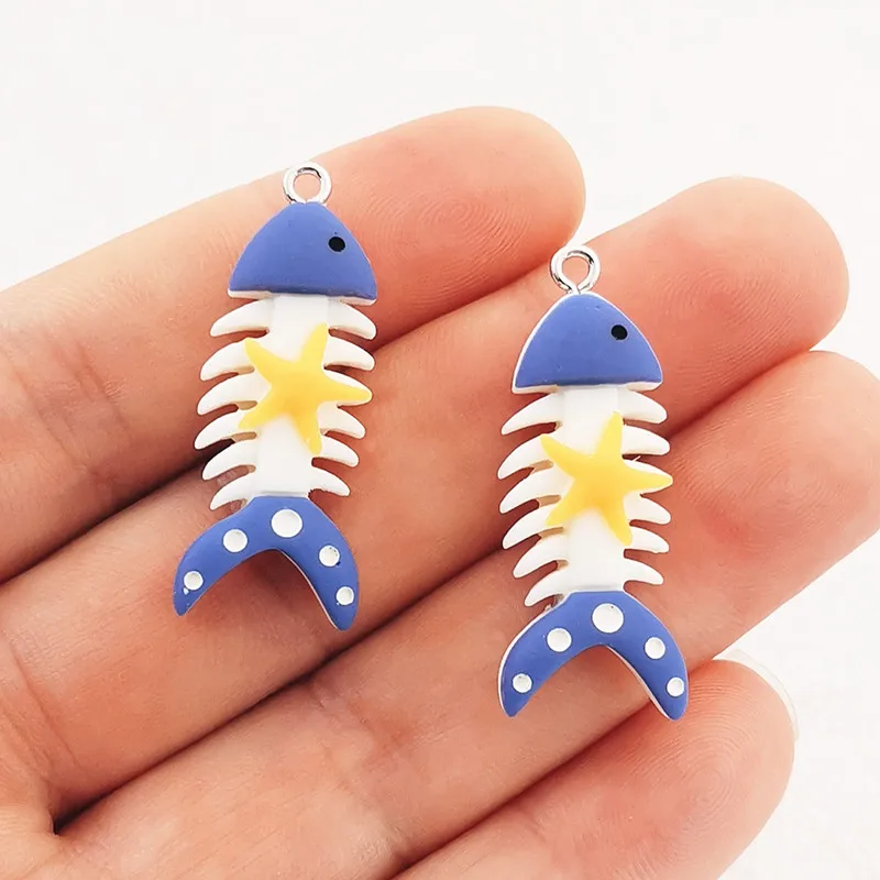 Dijes de resina para fabricación de joyas, dijes de diseño de huesos de pescado, hallazgos de joyería DIY, dijes de pendientes, 10 piezas, 37x14mm