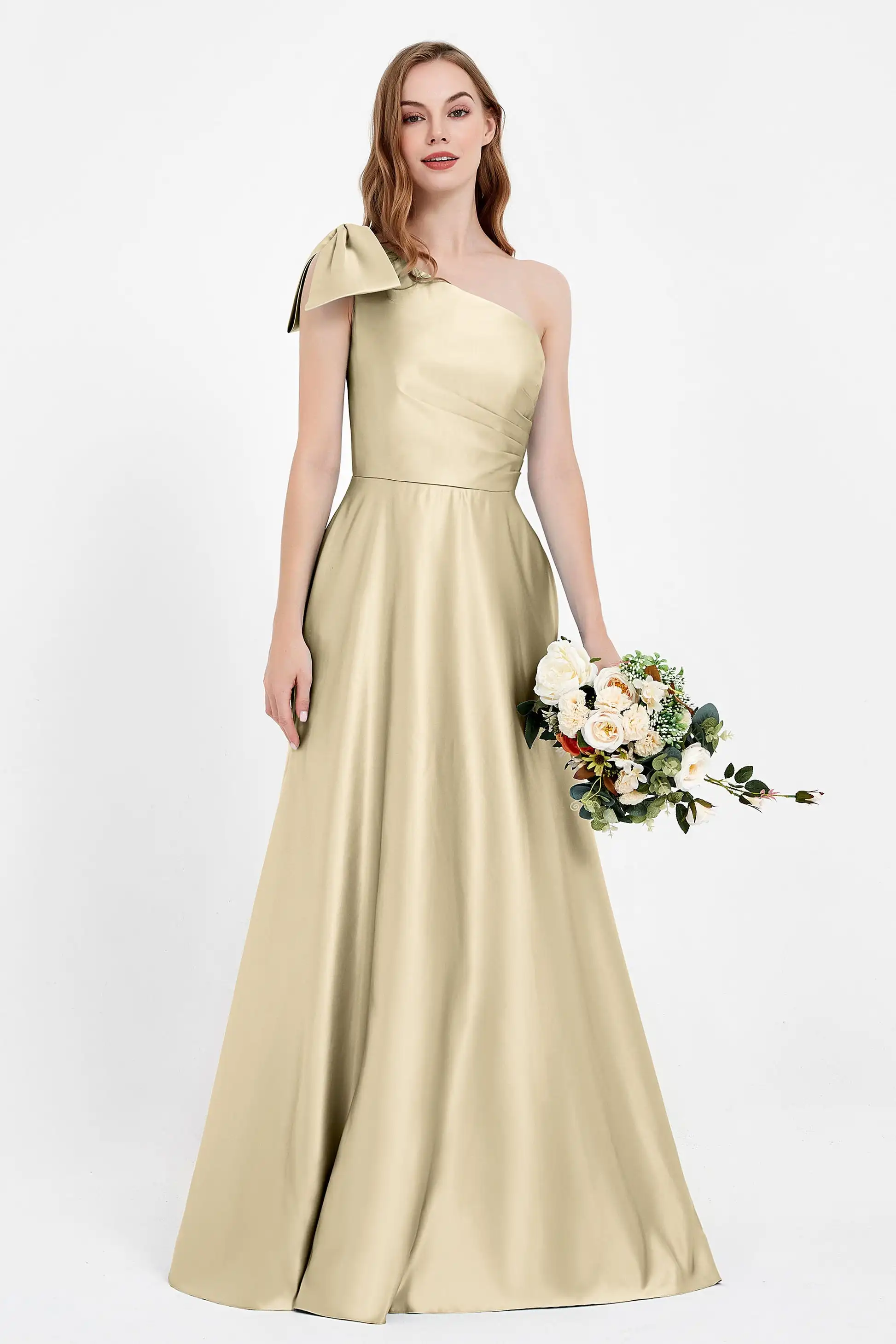 Satin A-line Bridesmaid Dresses With Bow One-Shoulder Modest Simple Women's Party Gowns Elegant Pleat Long Wedding Guest Dress