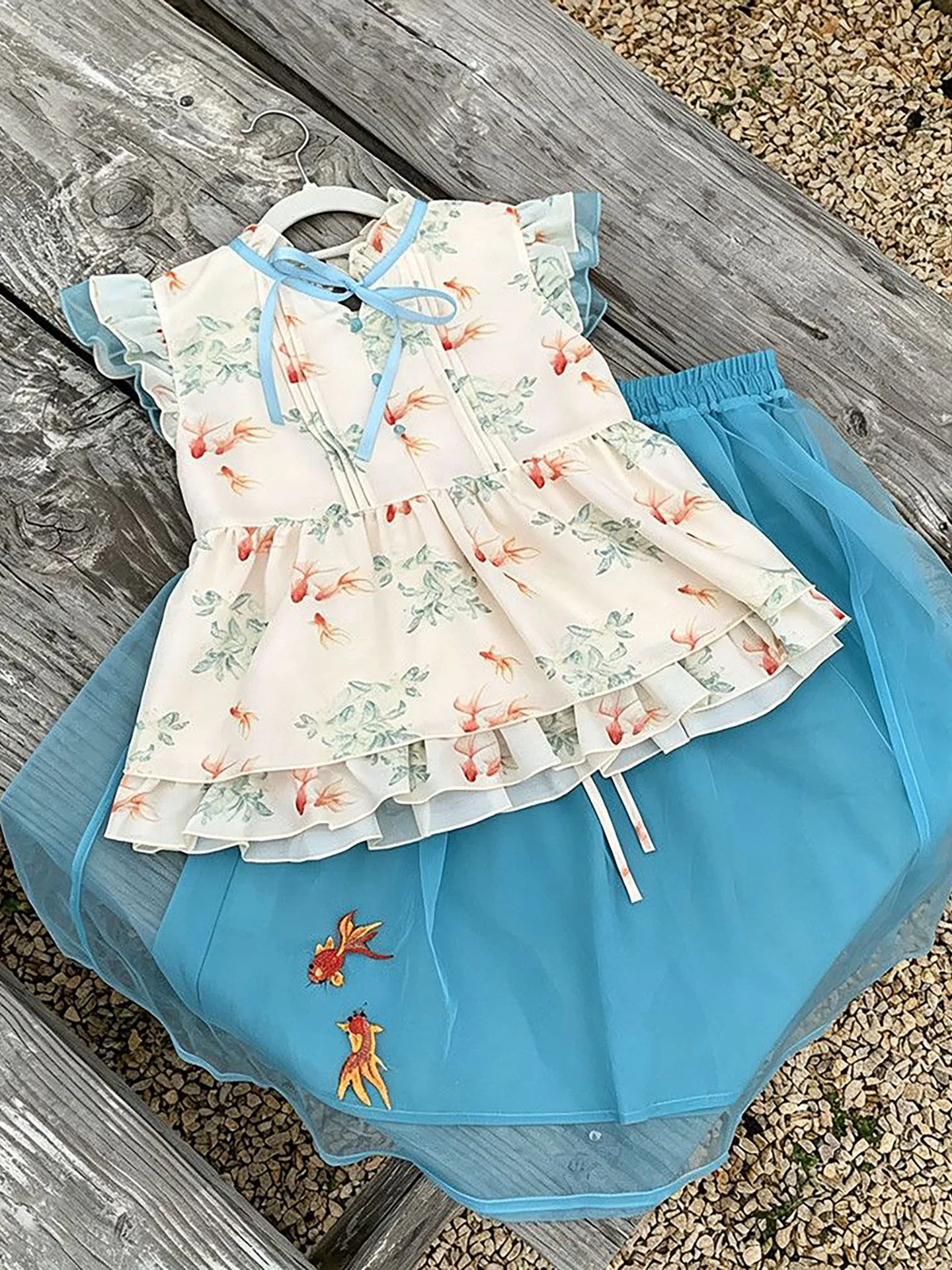 

Blue Embroidered Net Skirt And Printed Top Two-Piece Set Chinese Style Lady Fashion Sleeveless Summer Outfit Casual Wear