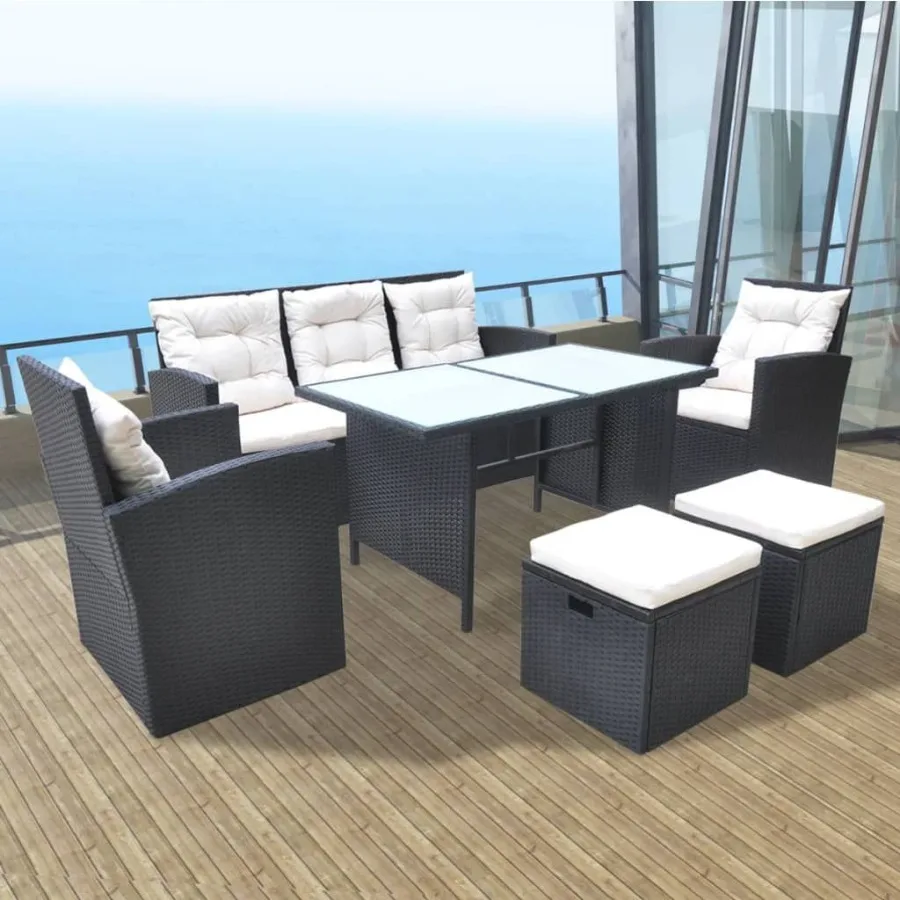

6 Piece Patio Dining Set with Cushions Poly Rattan Black
