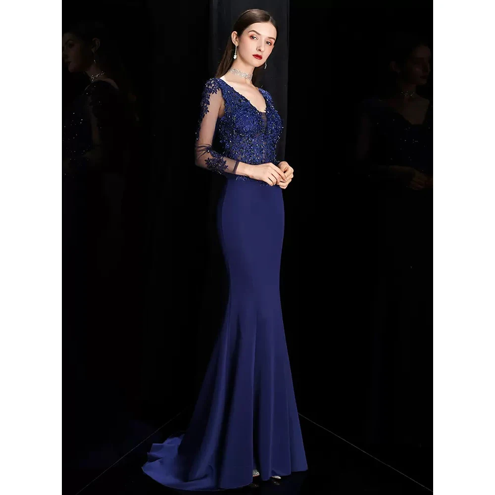 DEERVEADO Elegant Mermaid V Neck Satin Evening Dress with Appliques Full Sleeves Formal Occasion Party Dress Evening Gown