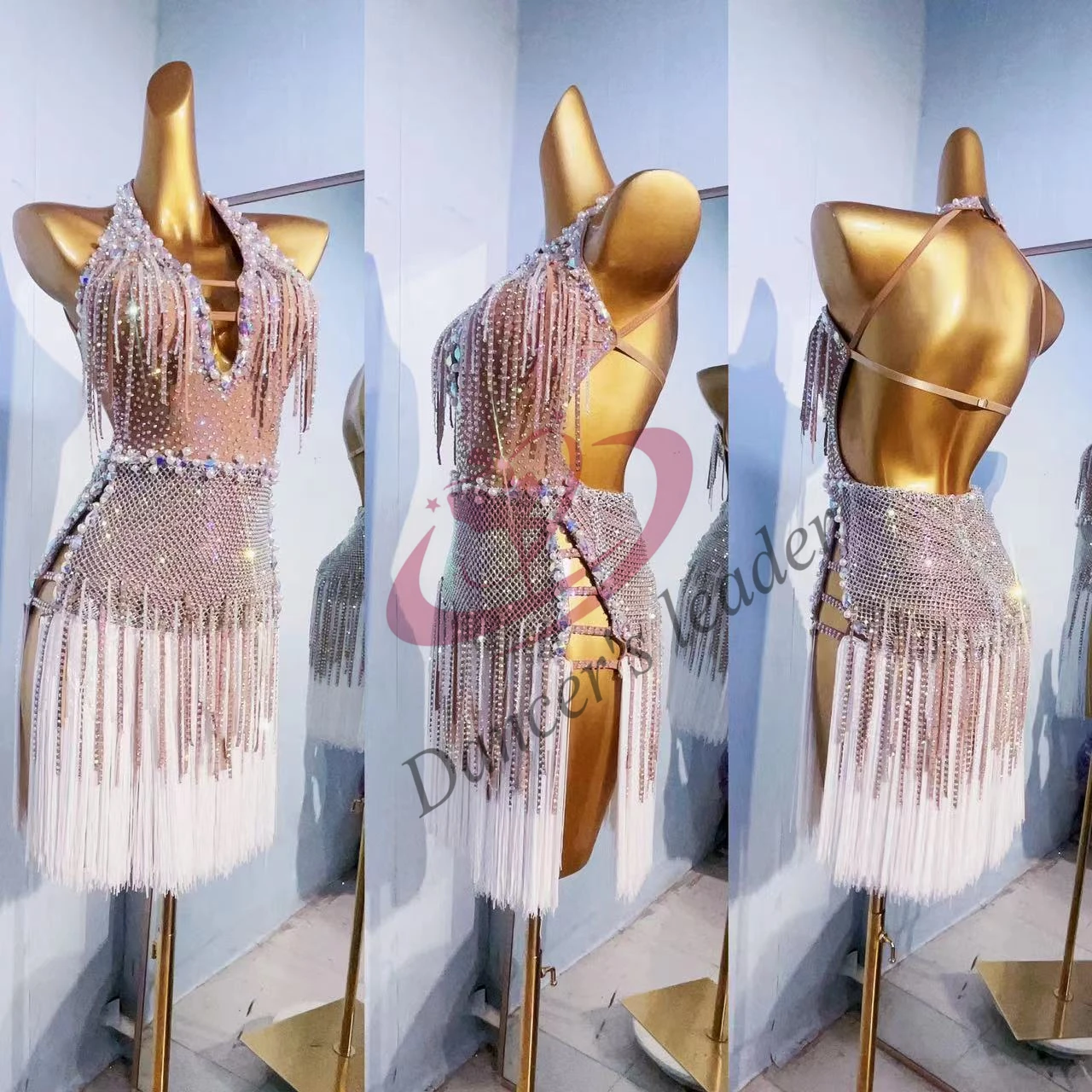 Latin Dance Professional Dress High-end Customized Rhinestone Pearl Tassel Female Adult Standard Stage Professional Clothing