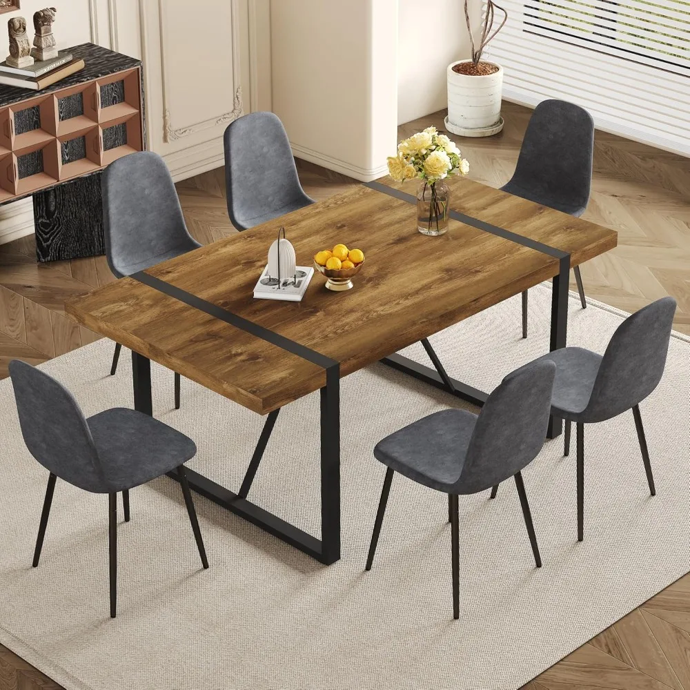 

Dining Table Set for 6, Modern 71'' Dark Wood Dining Table and Fabric Dining Chairs Set of 6,Table and Chairs Set of 6.