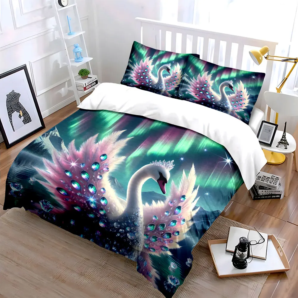 Enchanted swan under aurora Bedding Set for Kids Luxury Gift 3pcs Digital Print Comforter Set Soft Comfortable Breathable