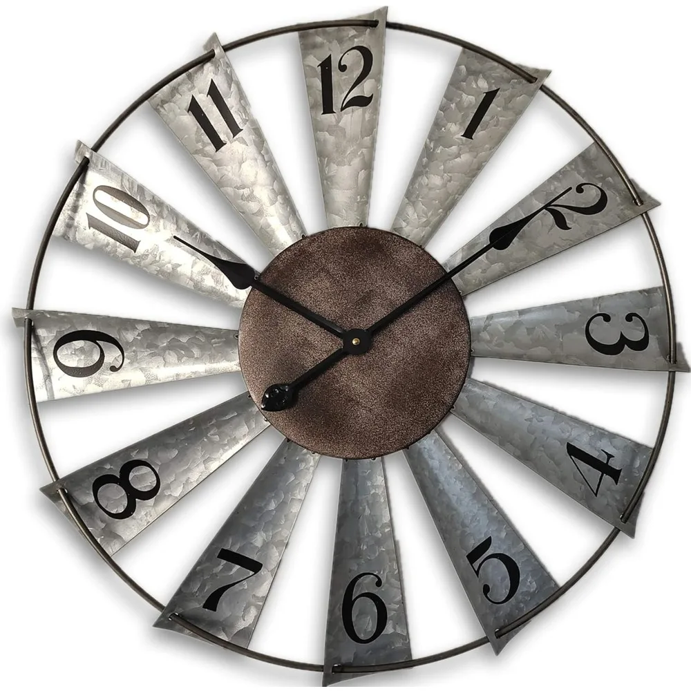 

24 Inch Windmill Metal Wall Clocks, Rustic Large Decorative Clock, Oversized Farmhouse Decor, Non Ticking, Battery Operated