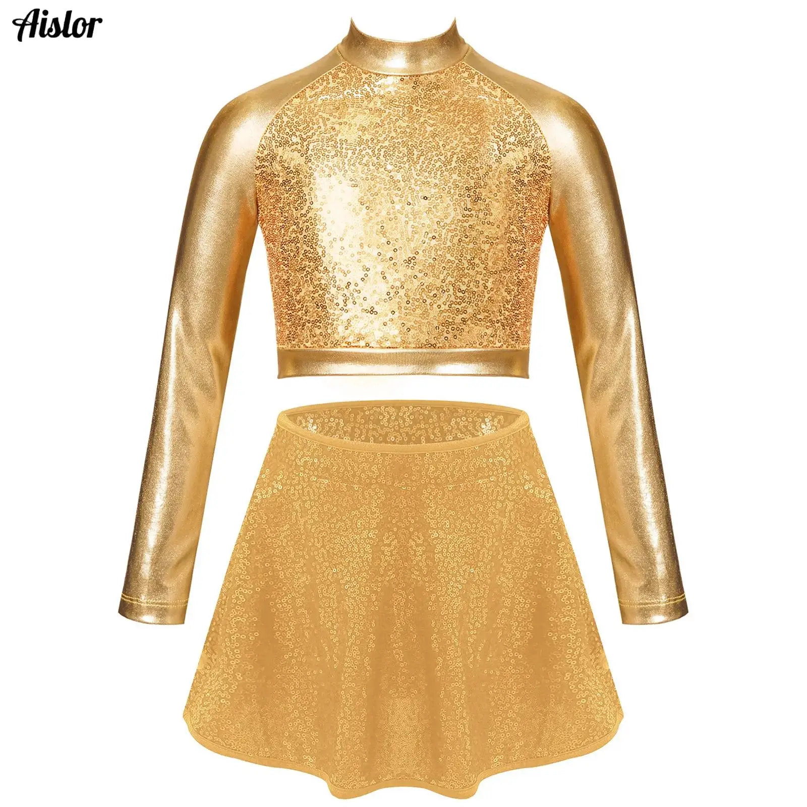 

Kids Girls Jazz Latin Dance Costume Mock Neck Long Sleeve Shiny Sequin Crop Top Shirt with Skirt Outfit Cheerleading Uniform