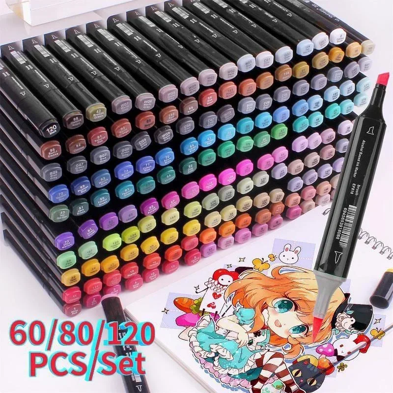 

18/24/30/40/60/80/120 Colors Single Art Markers Brush Pen Sketch Alcohol Based Markers Dual Head Manga Drawing Pens Art Supplies