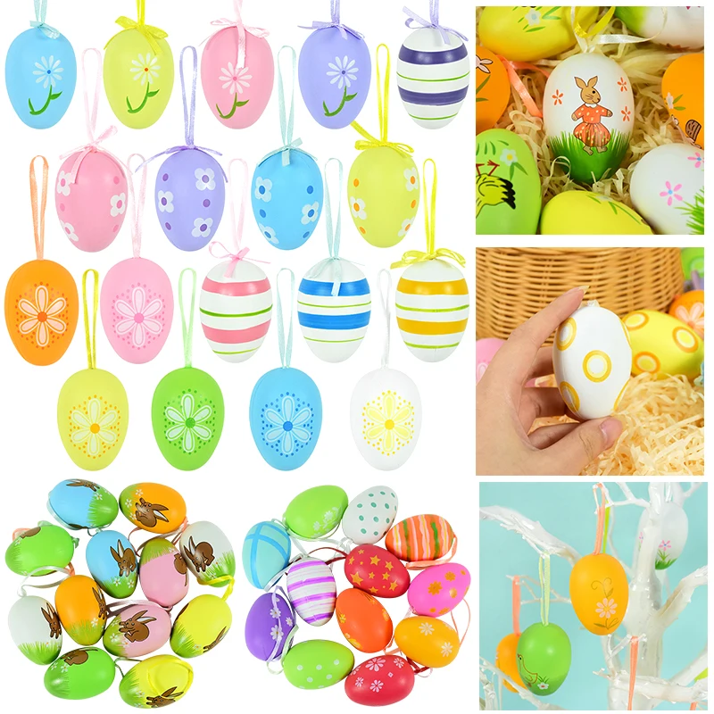 12pcs Plastic Easter Eggs Bunny Painted Bird Pigeon Eggs Easter Hanging Decorations For Home Easter Party Ornaments Kids Gifts