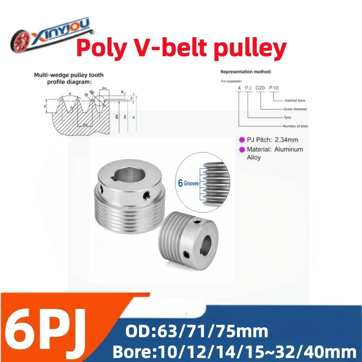 6PJ Aluminum Alloy Poly V Belt Pulley, 63/71/75mm OD Bore 8-30mm, 6-Rib Serpentine Drive Pulley for PJ Belt, Multi-Rib