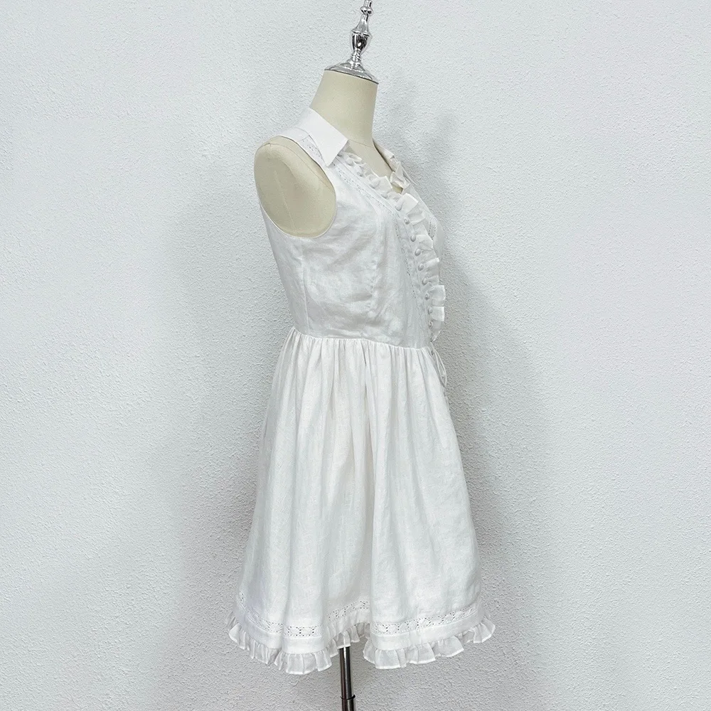 EVACANDIS 100% Linen White Tunic Lace-up Women Sleeveless Ruffle V-Neck Solid Mini Dress A-Line Sweet High Quality Chic Casual