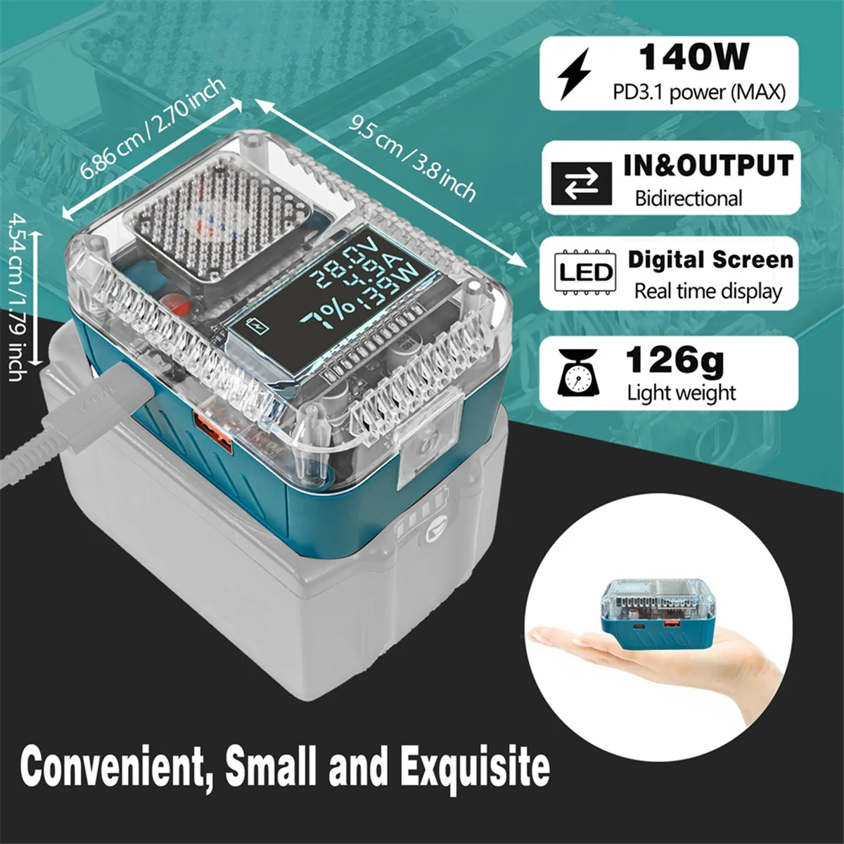 AD11 Digital Display Lithium Battery Adapter Converter for Makita Charger USB Type-C Power Bank 138W