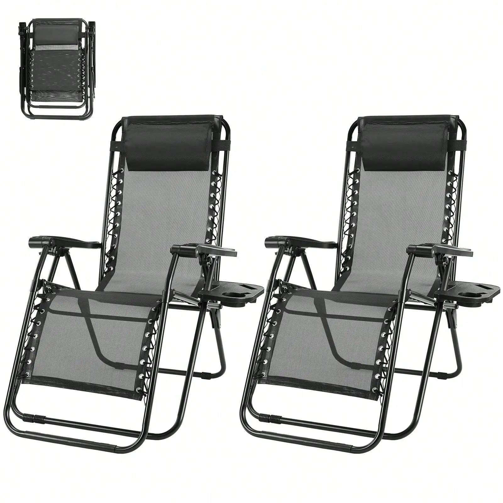 Sweetcrispy 2PCS Folding Chaise Lounge, Outdoor Sun Tanning Chairs With Pillow, Zero Gravity Chairs With Reclining Back Cup Holder, Steel Frame & Breathable Mesh For Beach, Yard, Patio, Poolside, For Camping