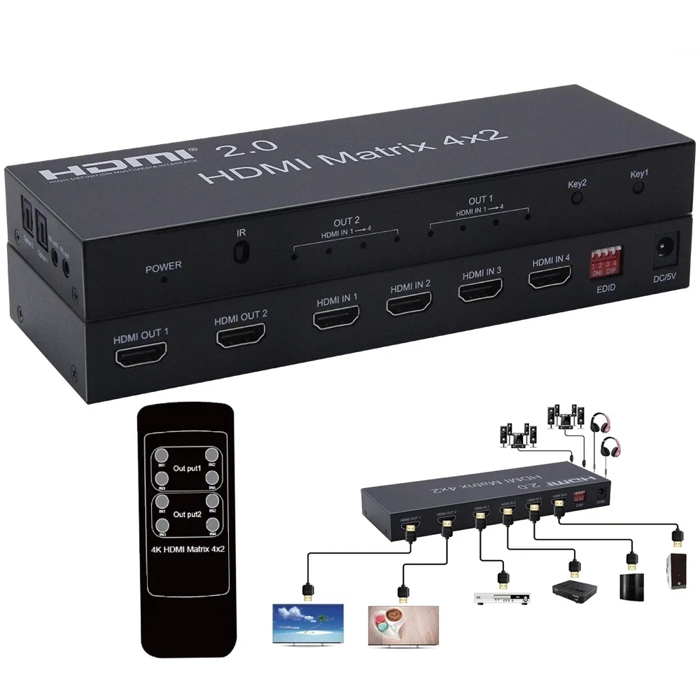 

4K 60hz HDMI2.0 Matrix 4x2 HDMI Matrix Audio Video Switch Splitter 1080p 2x2 4 in 2 Out for DVD Laptop PC Display To TV Monitor