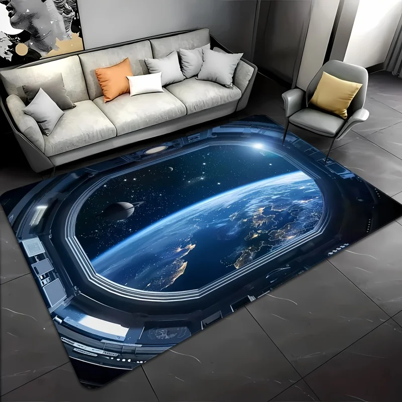 2D Space Station Window Earth Planet Star Galaxy Print Large Area Rug Soft Flannel Non Slip Floor Carpet for Living Room Gamer
