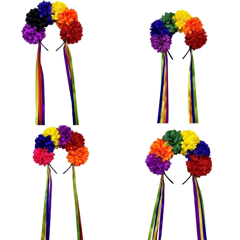 

Floral Hairband Rainbow Rose Hair Hoop Halloween Decorative Tassels Role Play Costume Proms Party Live Show Headwear