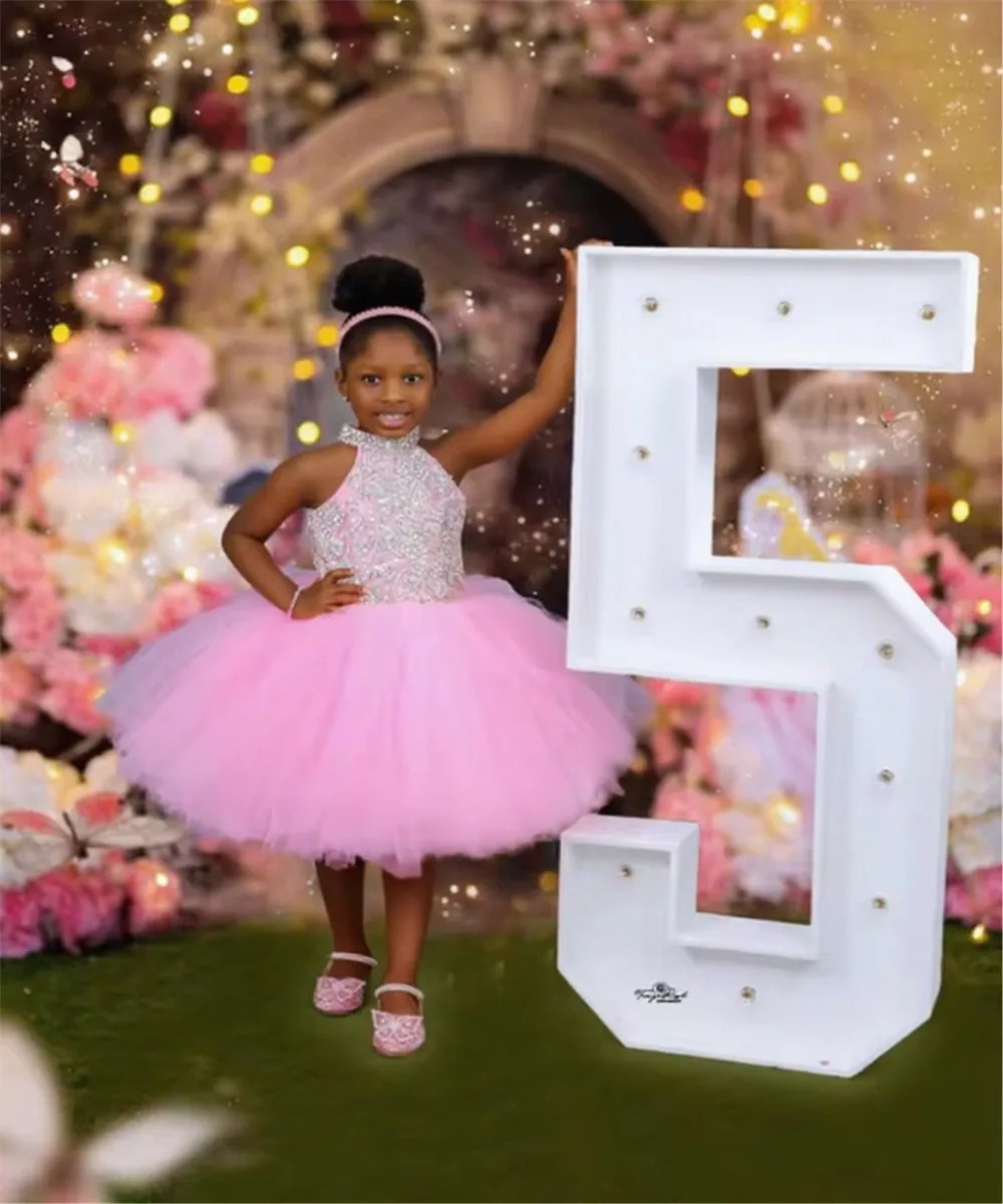 

Customized Luxury Flower Girl Wedding Dress Beaded Halter Sleeveless Princess Birthday Party Dress Kids First Communion Gown