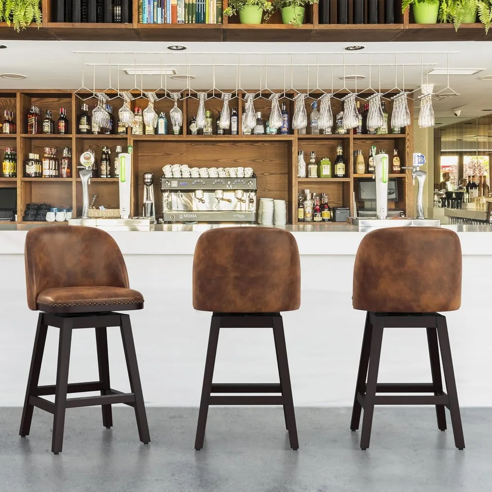 

Swivel Bar Stools Set of 3, 26" Faux Leather Upholstered Counter Height Bar Stools with Back, Solid Wood Legs, Chair