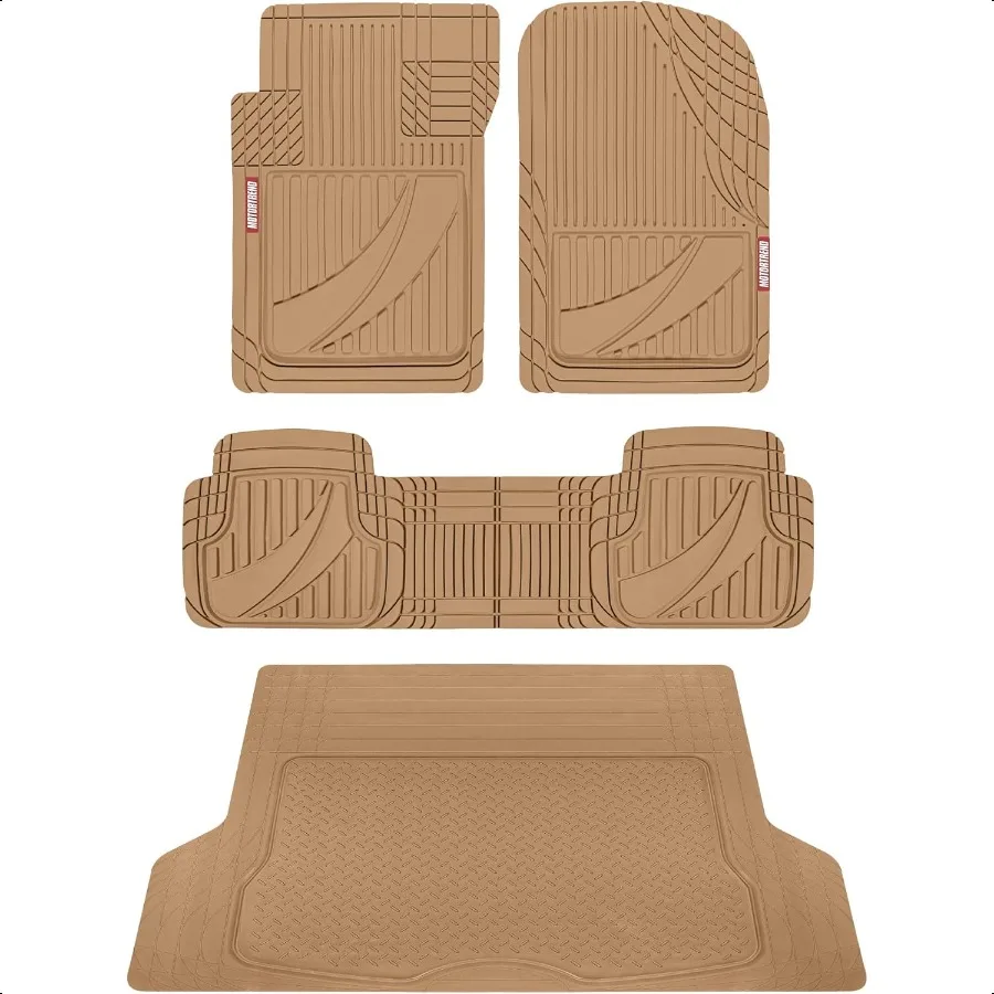 FlexTough™ Heavy Duty Rubber Beige Car Floor Mats All Weather and Jumbo SUV Cargo Liner Full Set Universal Trim to Fit Automoti
