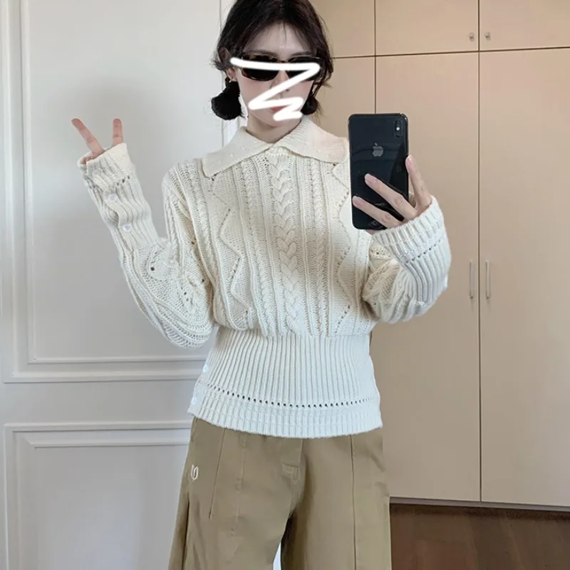 

Women's Thiened Knitted Sweater Autumn Winter New Sle Korean Sle Flip Collar Twist Flower Inner Wear Base Layer Top