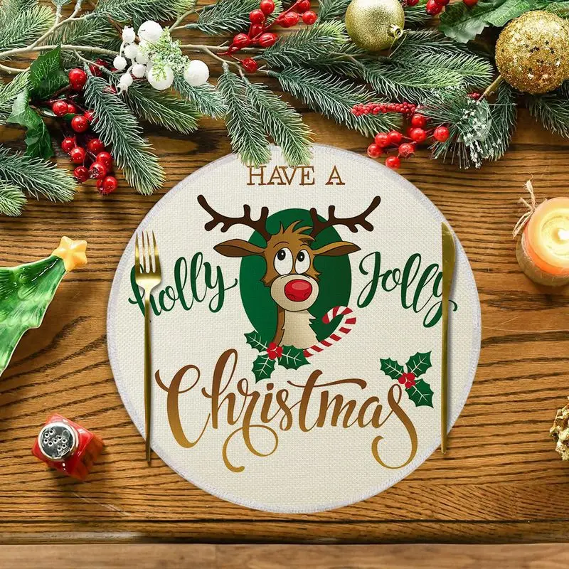 Rice White Background, Red Nose Reindeer Circular Christmas Placemat, Wear-Resistant Plate Mat Home Dining Table Decor Placemat