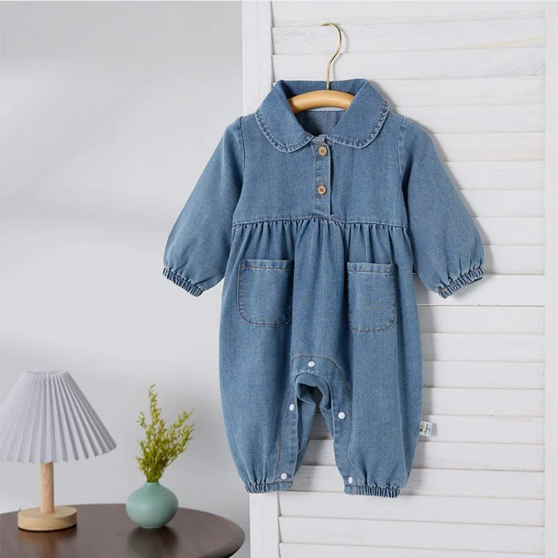 

New Autumn Baby Clothes Cute Solid Color Lapel Denim Infant Boys Girls Denim Jumpsuit Korean Style Baby Unisex Pockets Jumpsuit