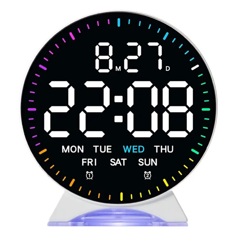 AA08-LED Digital Alarm Clock Week Date Second Hand Display Brightness Adjustable 2 Alarms Table Ambient Light 12/24H Clock