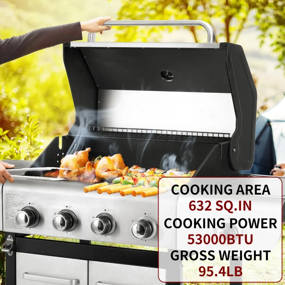 4 Burner Propane Gas Grill with Side Burner, 53,000 BTU Output, for Patio Garden Grill, Stainless Steel