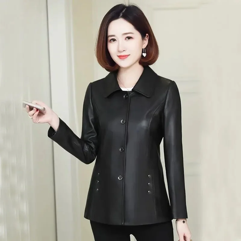 Lady Large Size 5XL PU Leather Coat Middle Aged Mother Stand Collar Leather Top Autumn Winter Female Long Sleeves Leather Jacket