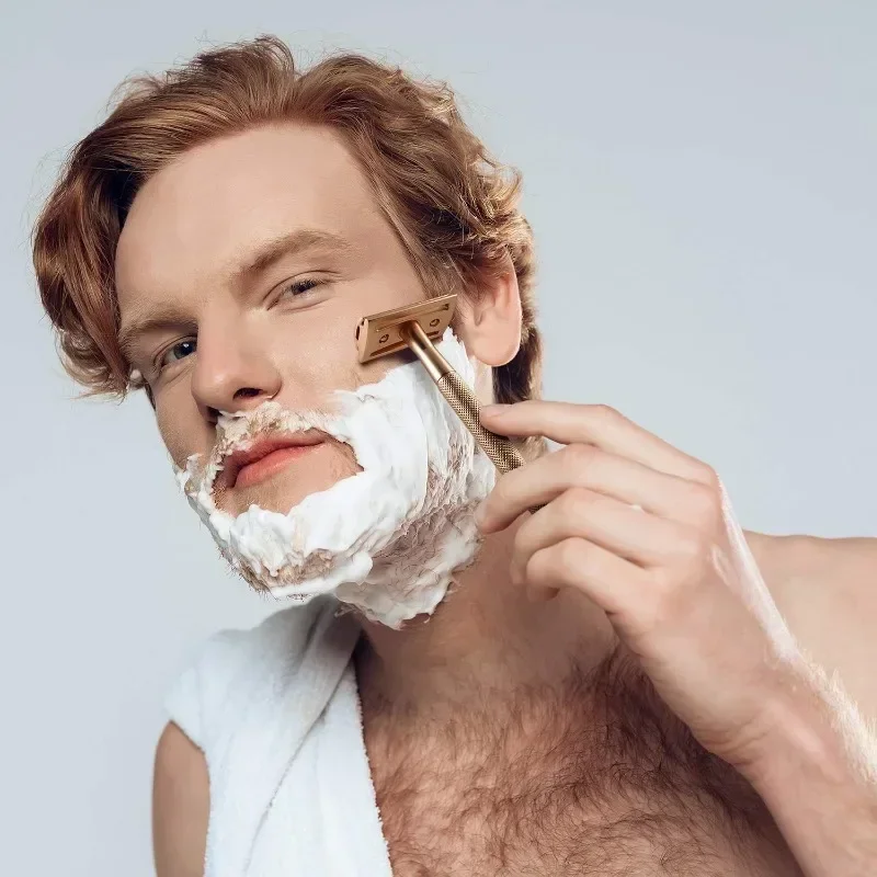 Maquinilla de afeitar clásica de doble filo para hombre y mujer, afeitadora de seguridad de oro rosa, 5 hojas de afeitar, afeitadora Manual para la cara