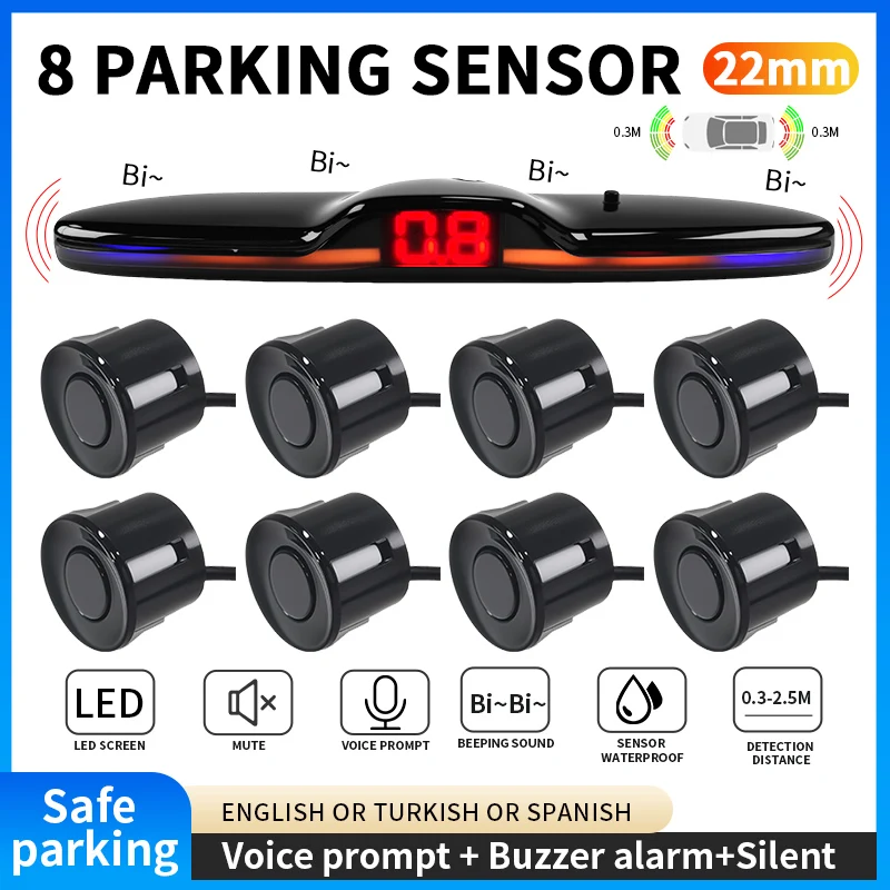 8 Parking Sensor Kit 22MM Reversing Front and Rear Car Backup Radar Detectors Backing Assistance Sound Aler Safe Parking