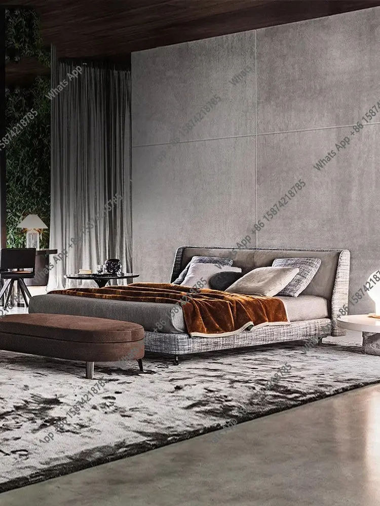 

B Bed: Italian Designer High-end Cotton And Linen Italian Minimalist Large Flat Bedroom Master Bedroom Double 1.8 Meters Fabric