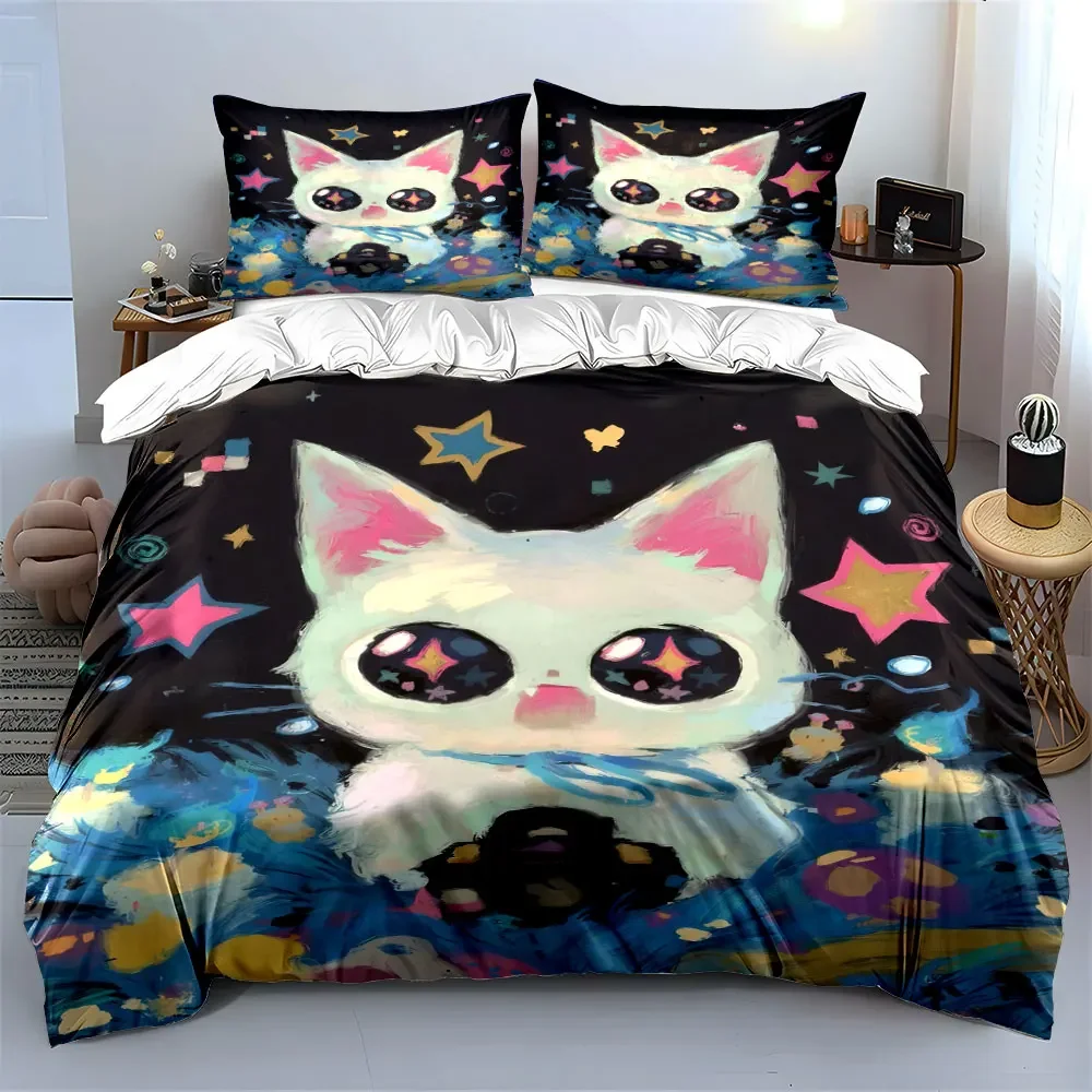 Cute Cat Starry Night Decoration Set Soft Comfortable Duvet Cover Bedding Set Included 1*Duvet Cover & 2*Pillowcases, gift