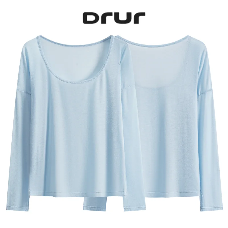 DRUR Ballet Pilates Yoga Top for Women With Deep U Neck Long Sleeve Thin Workout Shirt Blouses Women Sun-Protection Cover-up