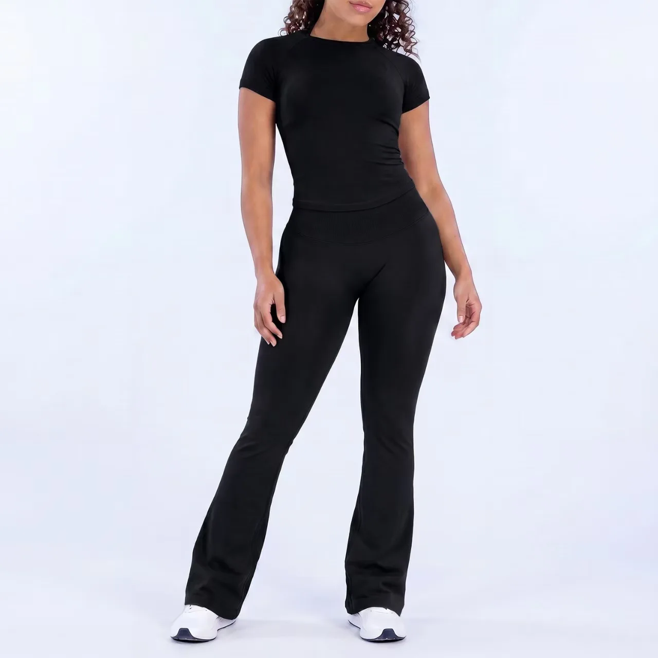 2PSC Seamless Yoga Set Women's DF Breathable Short-sleeved Top Impact Quick-drying Hip Flared Pants Stretch Fitness Sports Tight