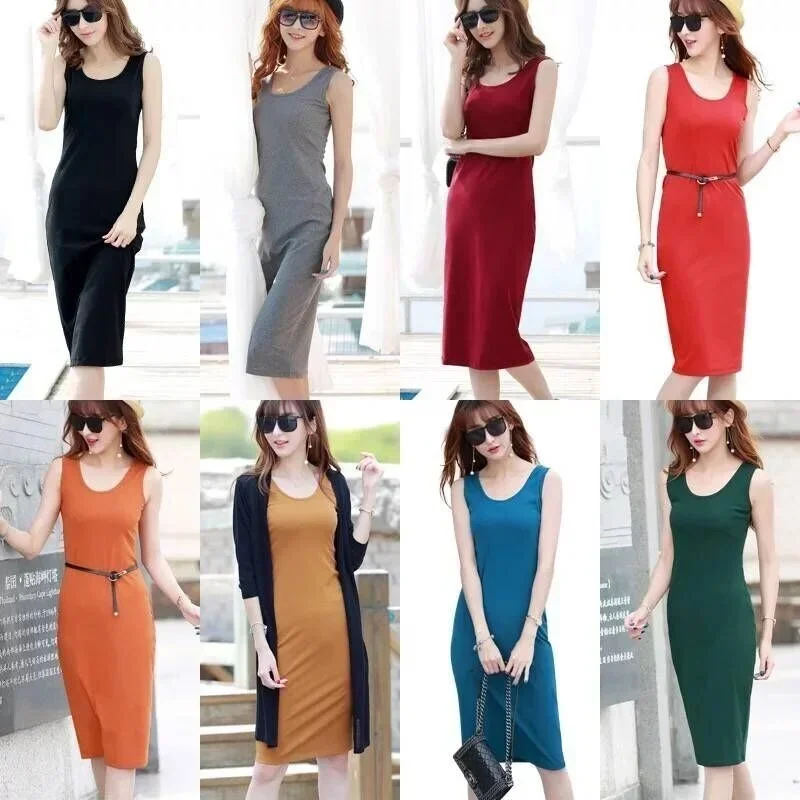 Women Slip Bodycon Sundress Summer Lady Korean Elastic Stretch Solid Knee Length Party Dresses