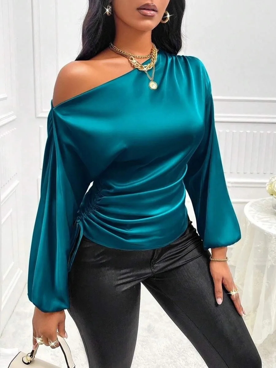 

Summer Spring Women's Clothing Satin Asymmetric Long Sleeve Top Elegant Blouse For Woman Slim Fit Slash Neck Polyester Fabric